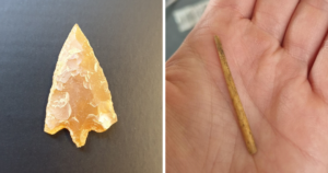 Left: arrowhead found in a post hole Right: bone pin, typically used for women's hair in the Roman period