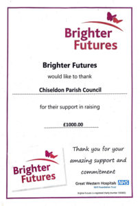 Certificate fror £1000 donated to Brighter Futures