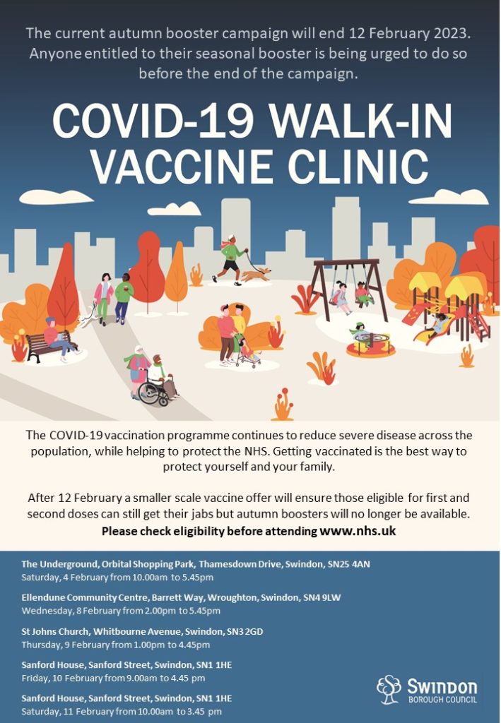 Poster advertising Covid vaccine walk in service, Chiseldon
