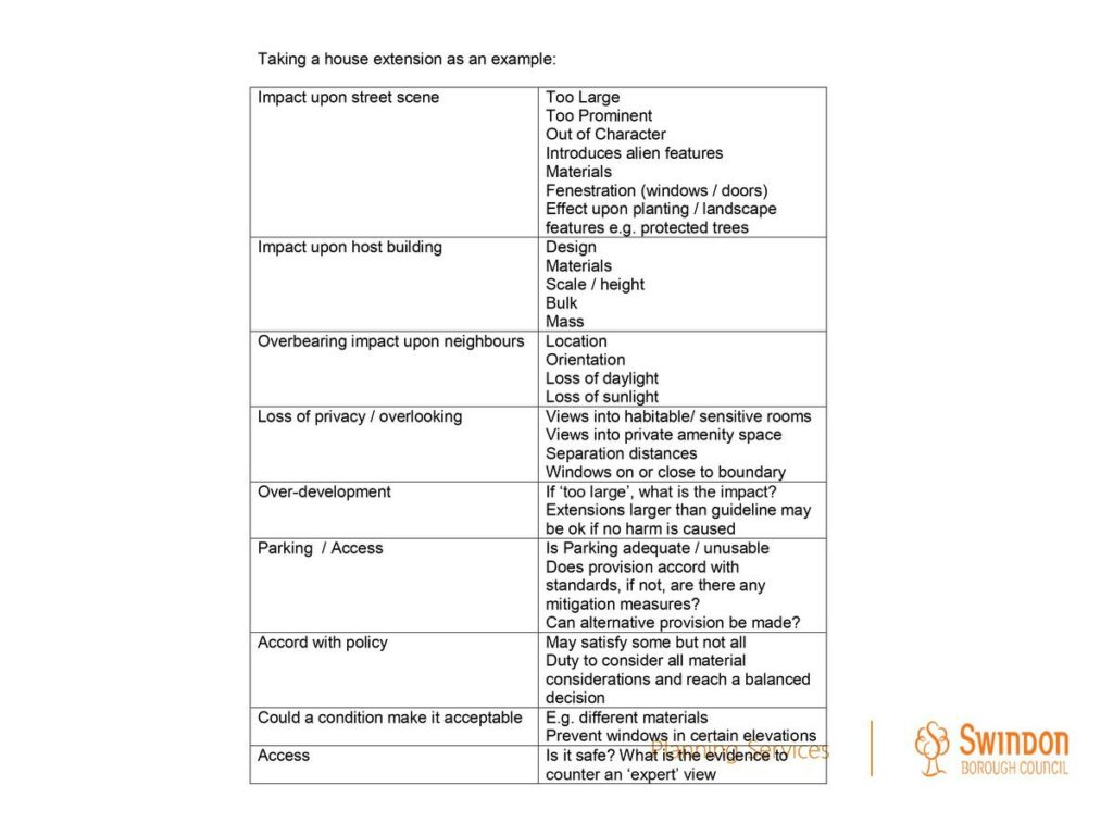 table of material considerations for planning