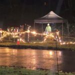 Christmas lights on rainy evening