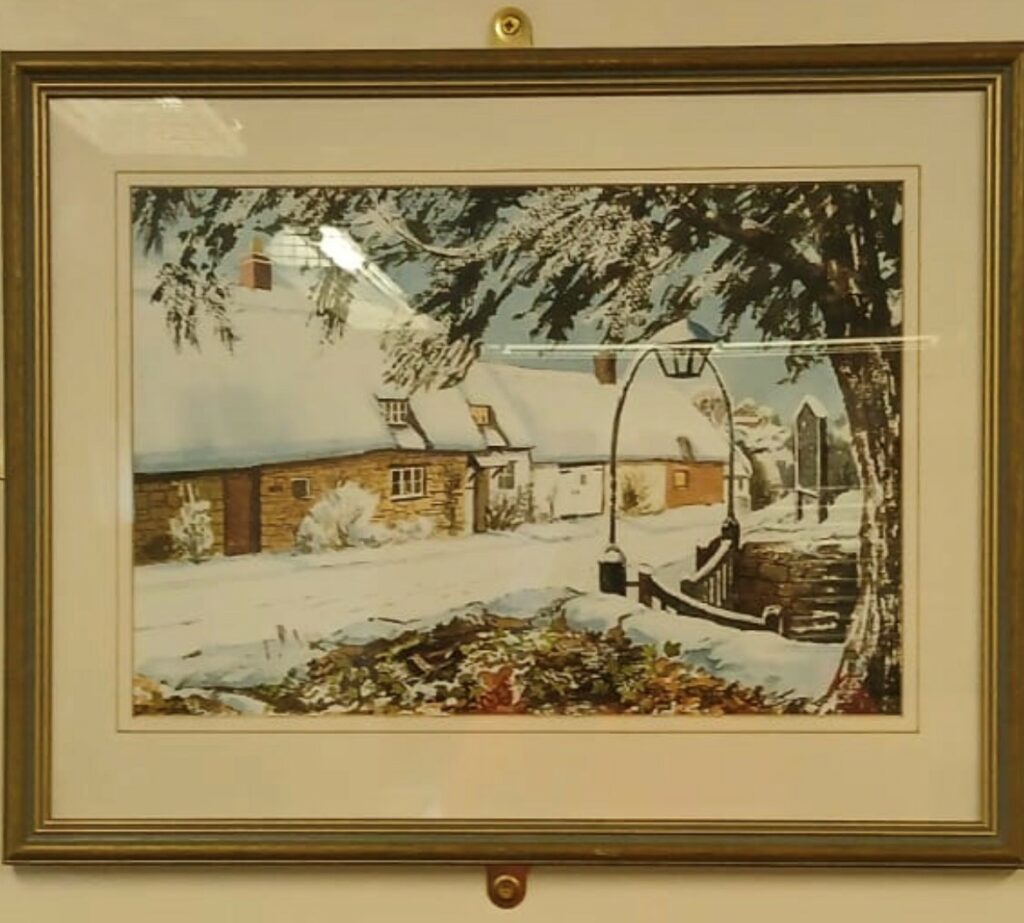 Watercolour of cottages in snow